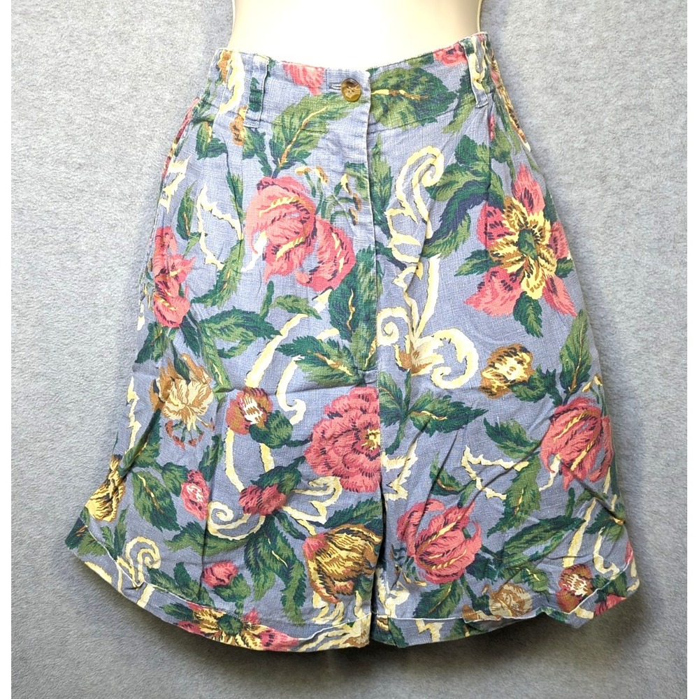 Vintage Shorts Women 12 ROO CROSSING Linen Blend Floral Made in Hong Kong